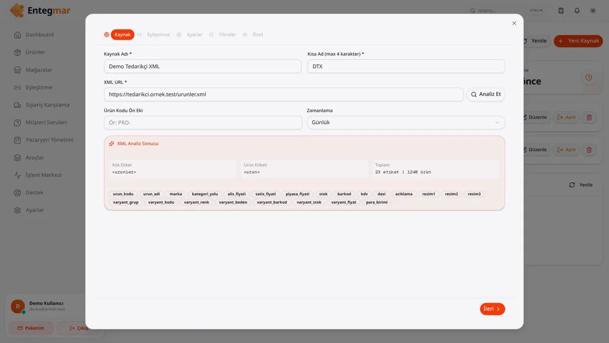 Tedarikçi XML'inin analiz sonucunu ve bulunan ürün alanlarını gösteren panel ekranı