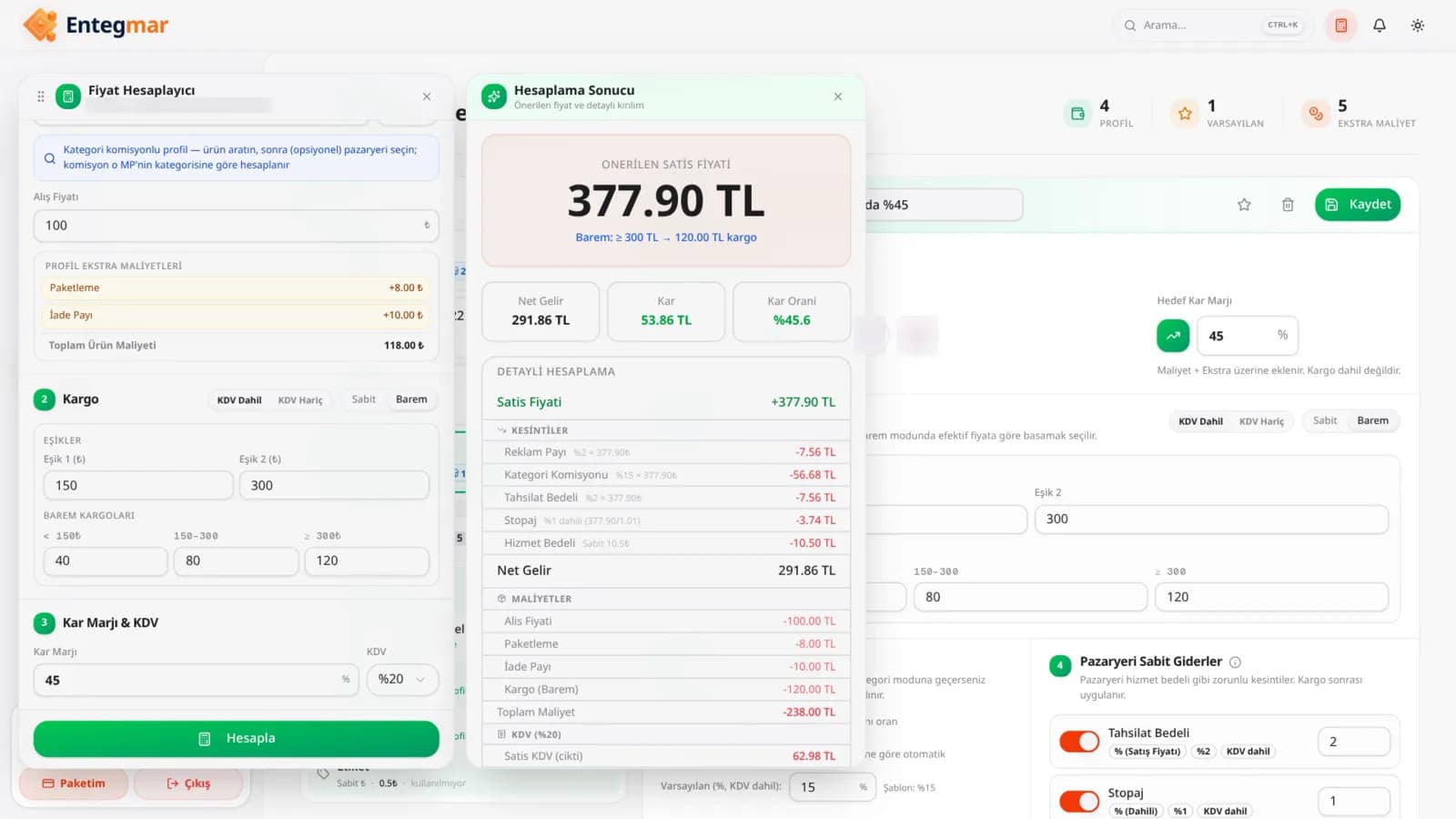 Maliyeti satış fiyatına dönüştürün panel ekranı — örnek demo veri
