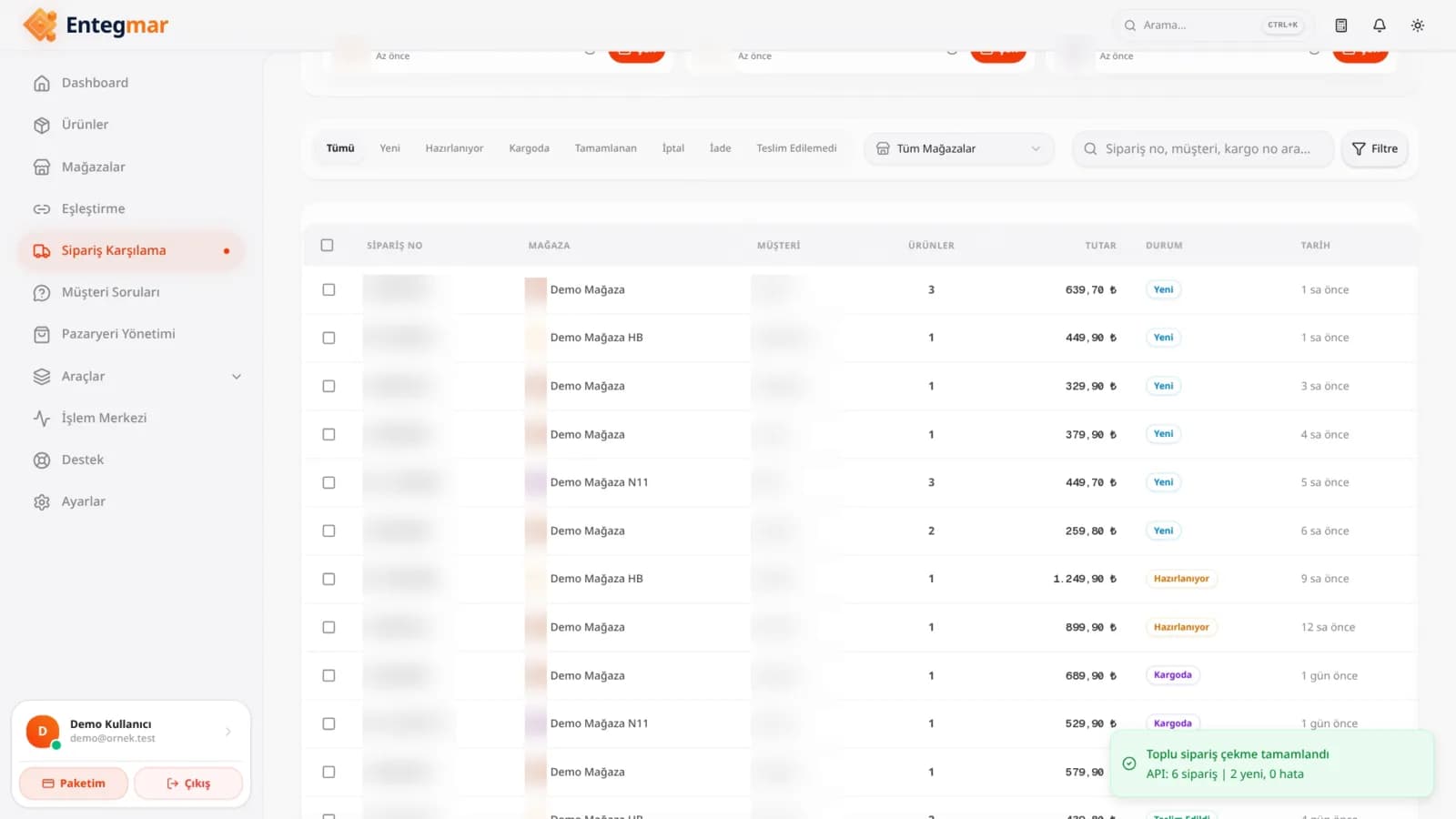 5 pazaryeri, tek panel panel ekranı — örnek demo veri