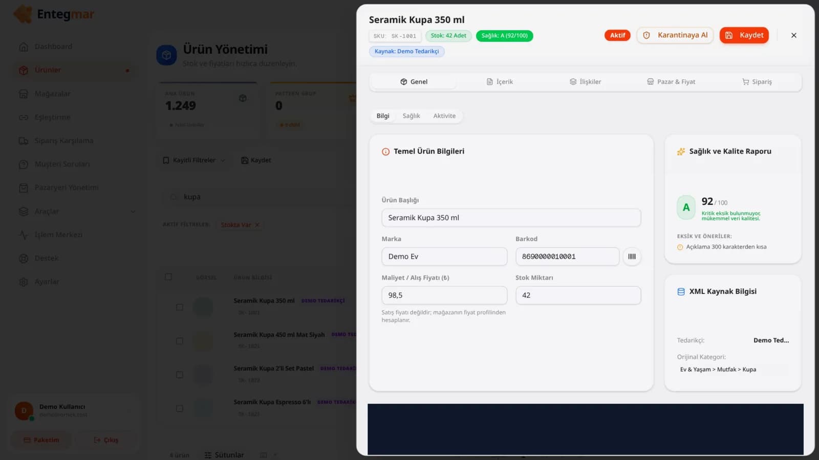 Stok bitince satış durur panel ekranı — örnek demo veri