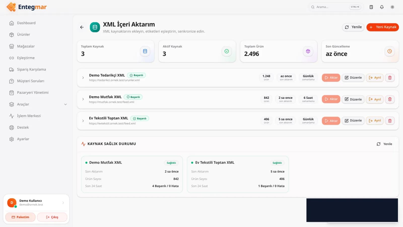 XML’den ürün aktarımı panel ekranı — örnek demo veri